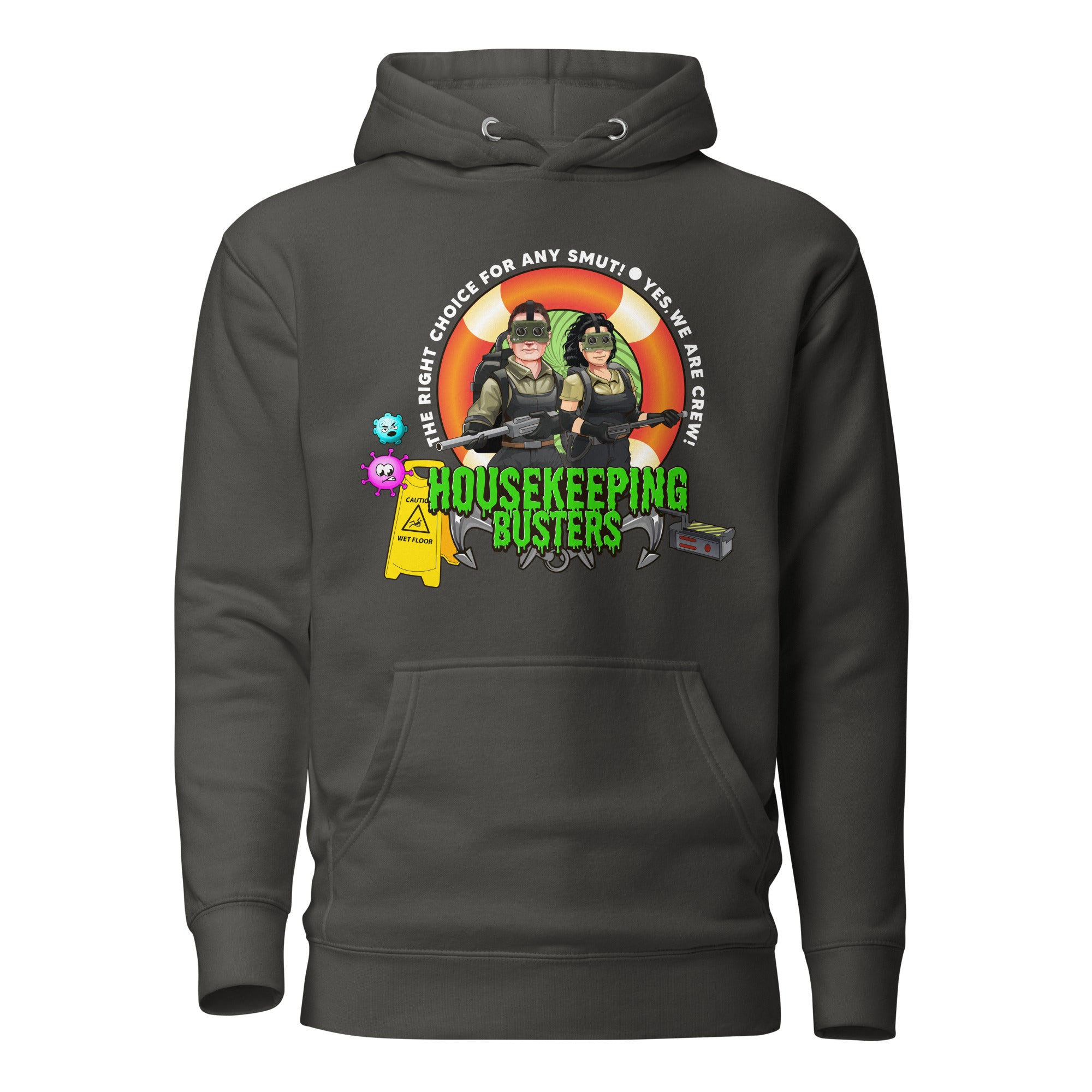 Unisex black Housekeeping Department Buster Hoodie by 7SHORT1LONG® with vintage cotton fabric and front logo design.