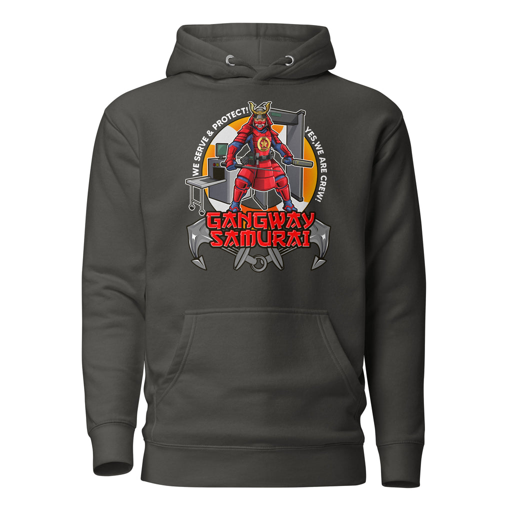 Unisex black cotton hoodie featuring vintage-inspired Samurai Ship Security design by 7SHORT1LONG® on the front.