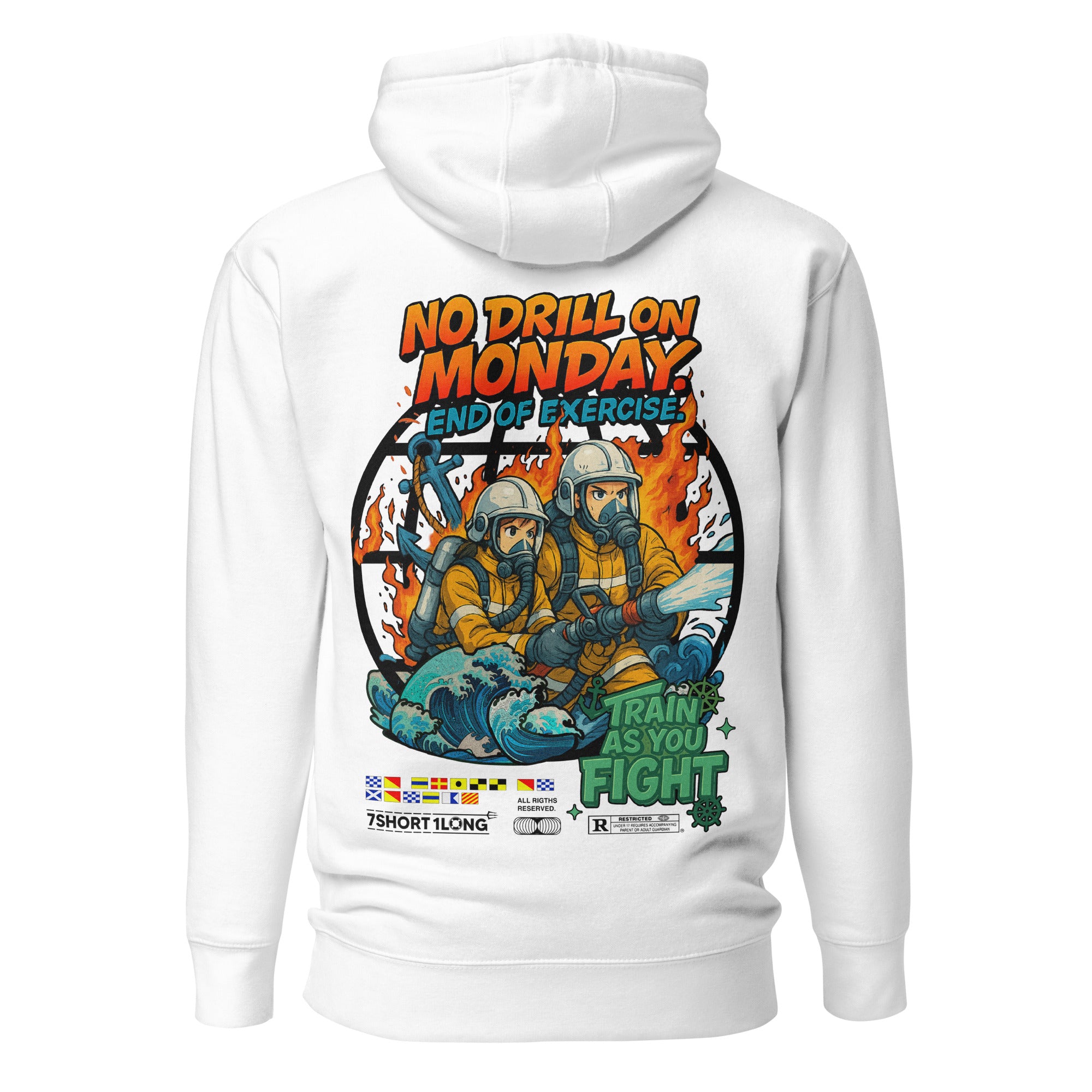 Crew hoodie representing an abandon ship drill, inspired by emergency procedures, lifeboat readiness, and maritime survival training. Main image