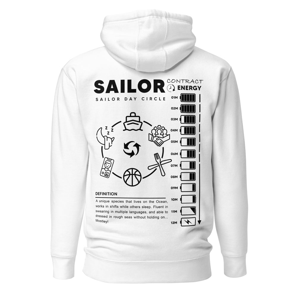 Crew hoodie featuring a circular sailor-themed design, symbolizing daily routines, unity, and the rhythm of life at sea.