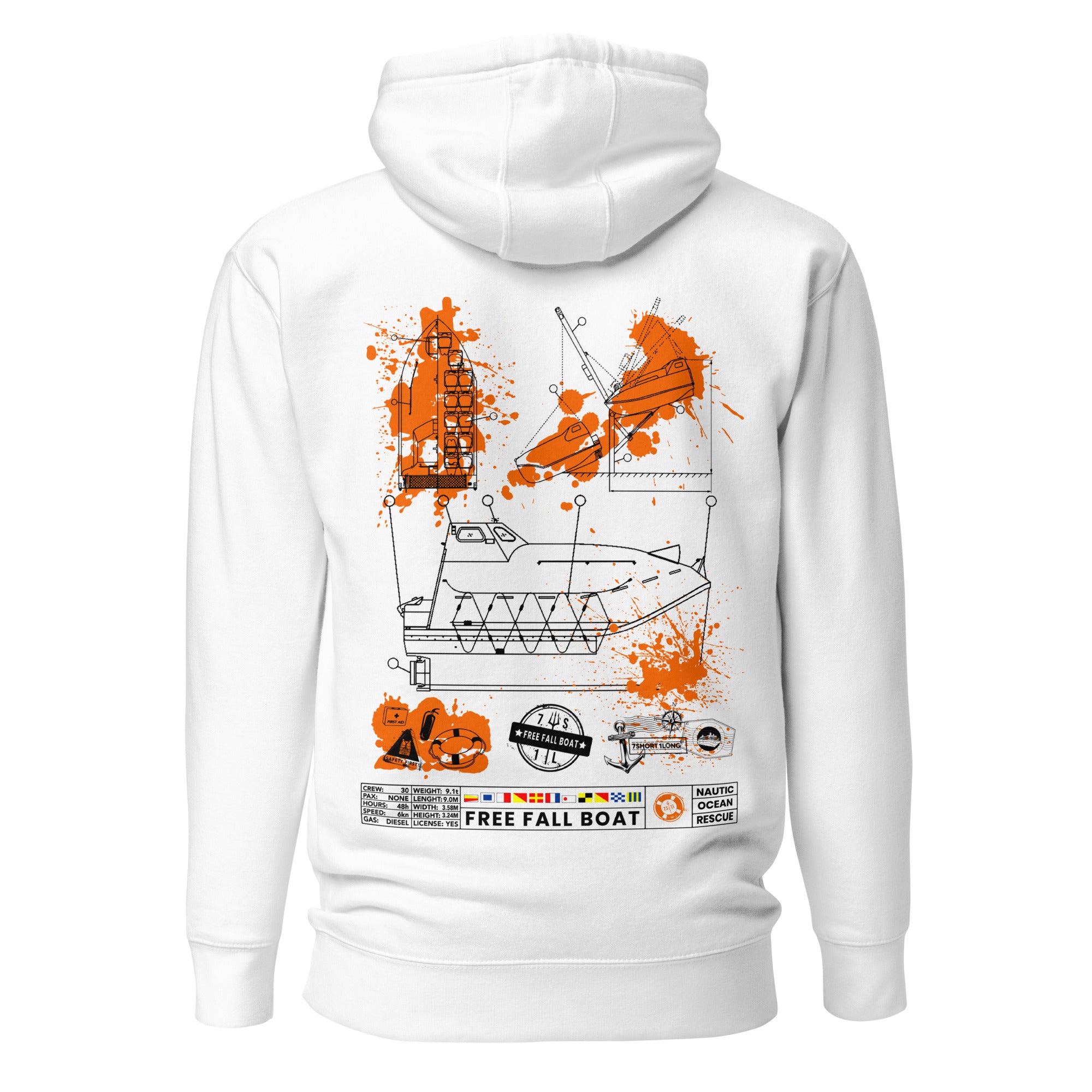 Crew hoodie inspired by free-fall lifeboat operations, SOLAS safety standards, and emergency evacuation readiness at sea. Main image
