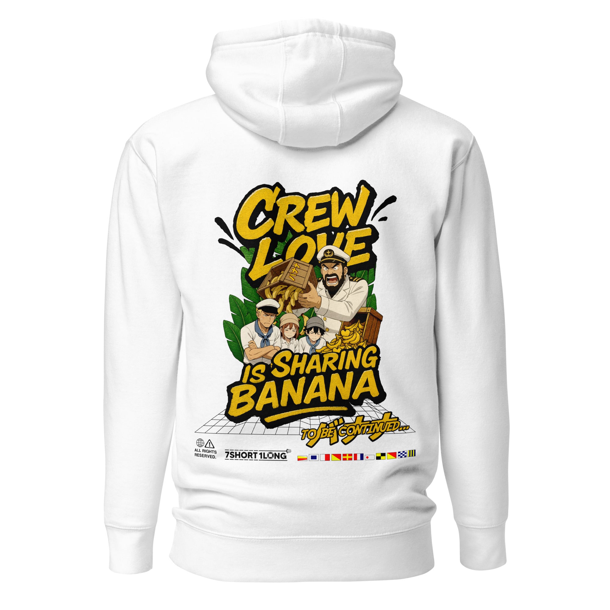 Crew Humor Hoodie with “Crew Love Is Sharing Banana” design inspired by maritime crew culture and shipboard inside jokes.