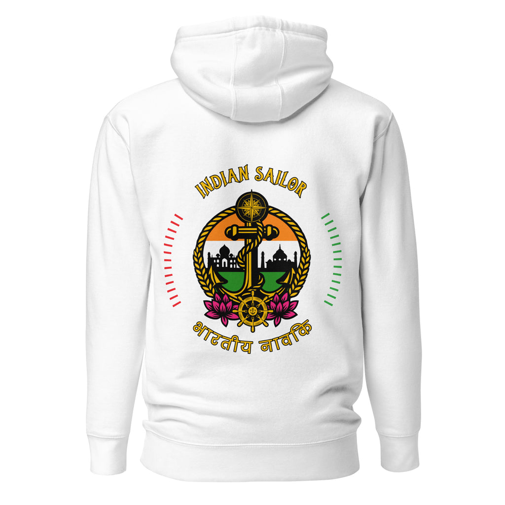 Unisex white Indian Sailor Hoodie by 7SHORT1LONG® with cotton heritage fabric, showing back view and hoodie details