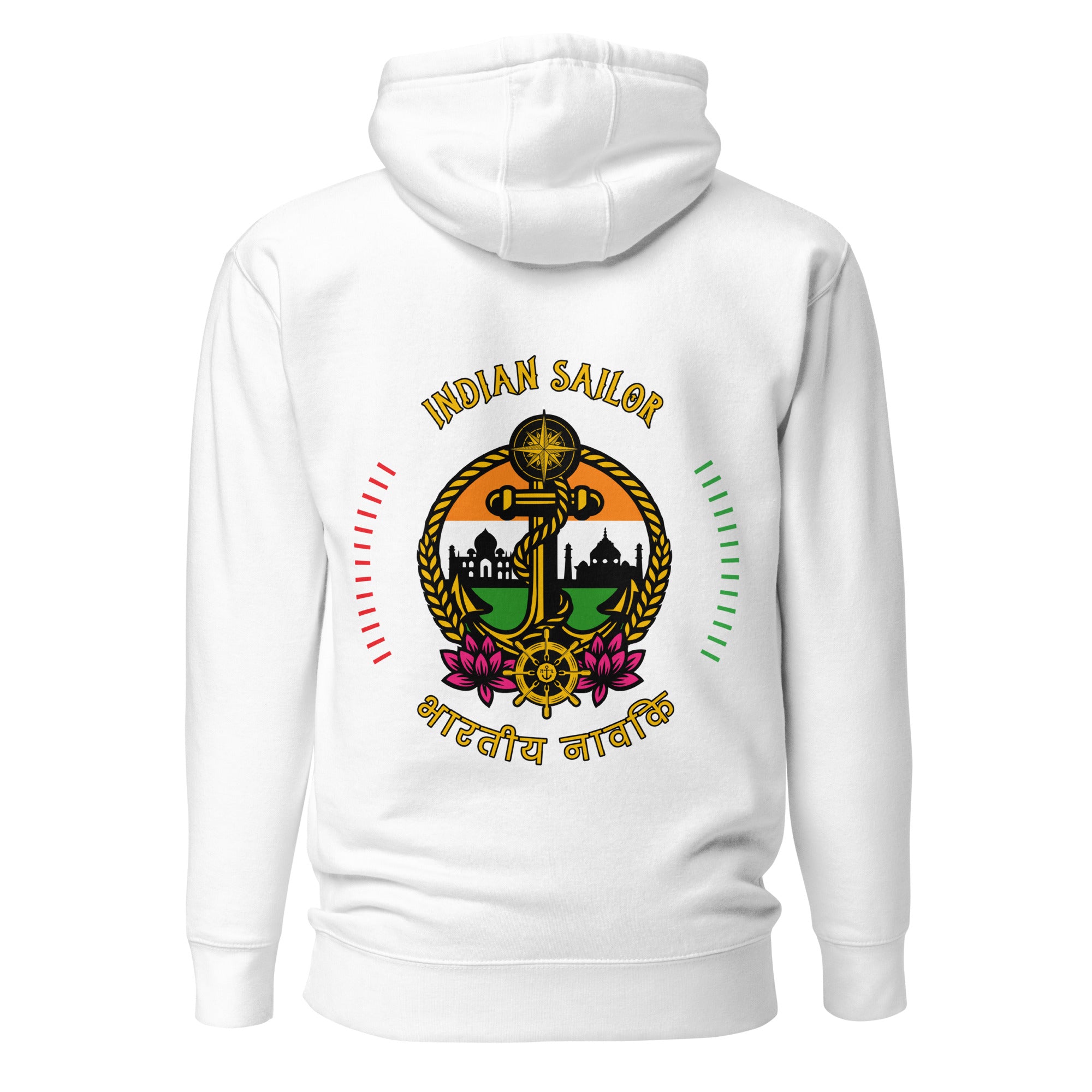 Unisex white Indian Sailor Hoodie by 7SHORT1LONG® with cotton heritage fabric, showing back view and hoodie details