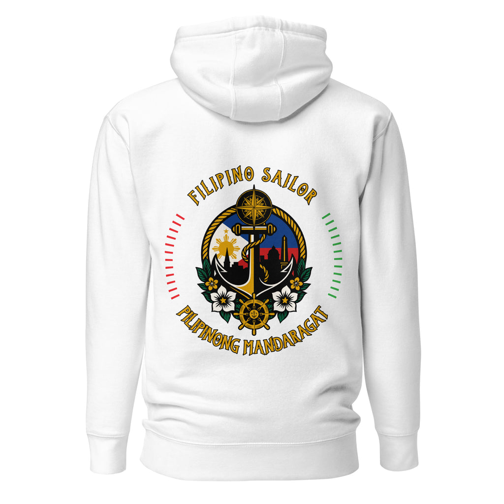 Unisex Filipino Sailor Hoodie by 7SHORT1LONG® in white cotton with back print, featuring a comfortable pullover design.