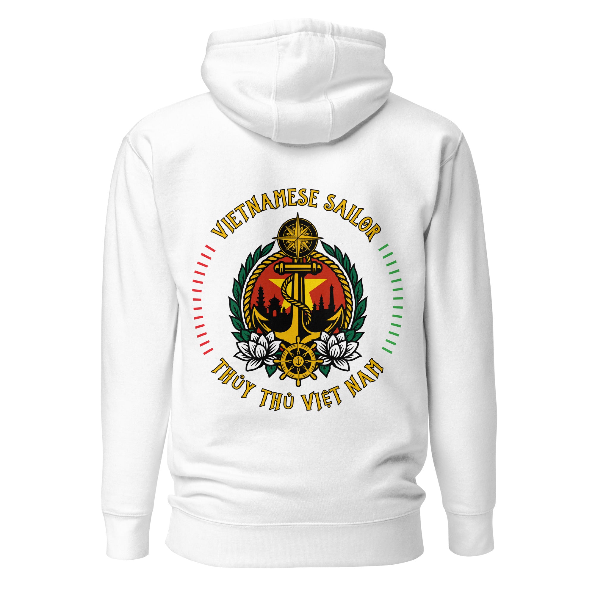 white seafarer hoodie with vietnamese sailor nautical anchor compass emblem, maritime sailor apparel and ocean seaman lifestyle clothing Main image