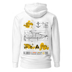 Unisex white Cotton Heritage Cruise Ship Tender Hoodie by 7SHORT1LONG® with back design, soft cotton pullover for casual wear.