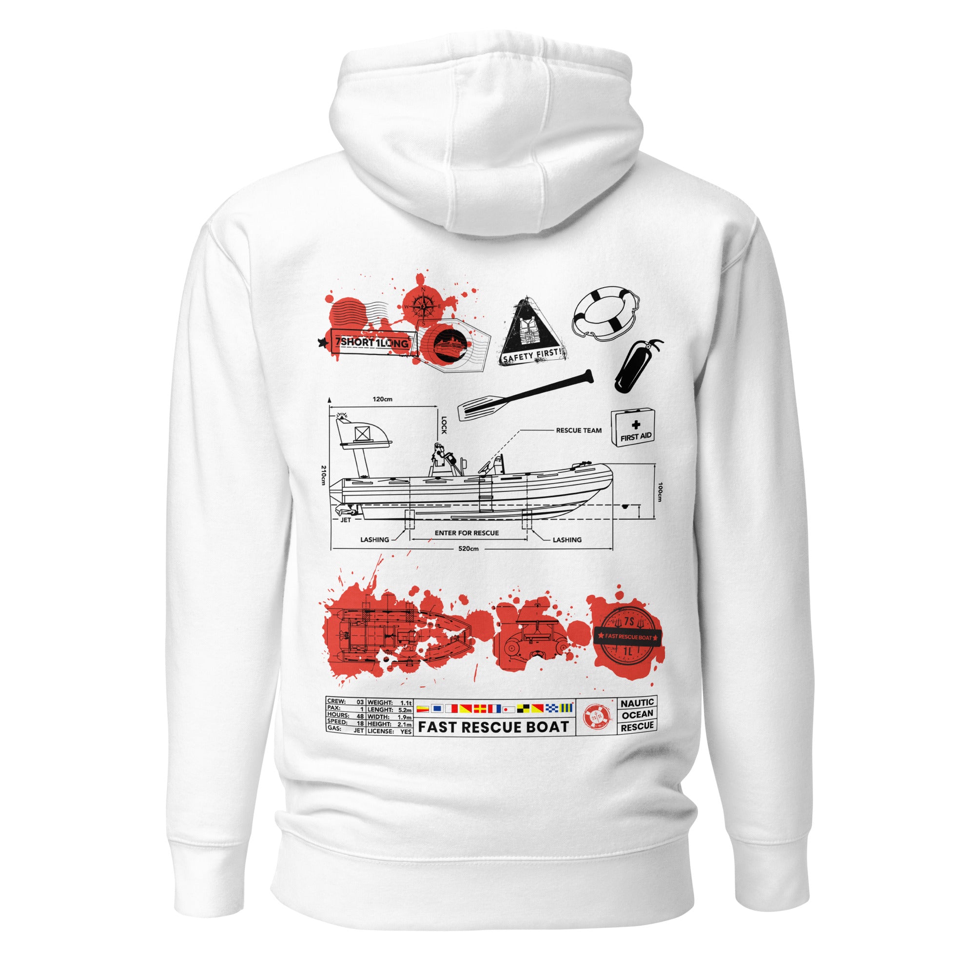 White unisex cotton hoodie from 7SHORT1LONG® with "Fast Rescue Boat" design on the back, premium pullover style.