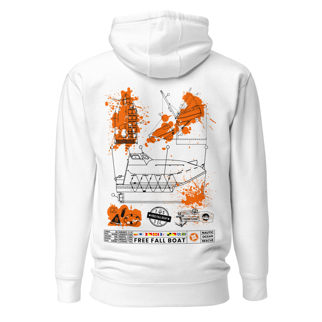 Unisex white cotton hoodie from 7SHORT1LONG® with "Free Fall Lifeboat" graphic on the back, comfortable and casual pullover style.