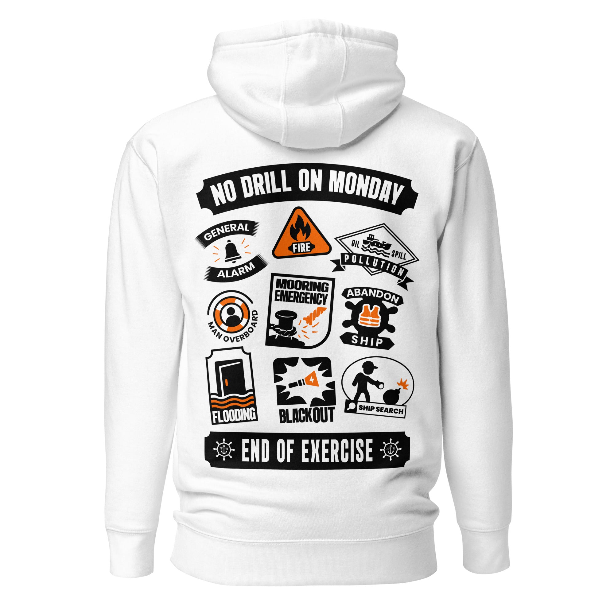 White unisex Maritime Safety Drill Hoodie by 7SHORT1LONG® featuring a cotton heritage fabric and a back design.