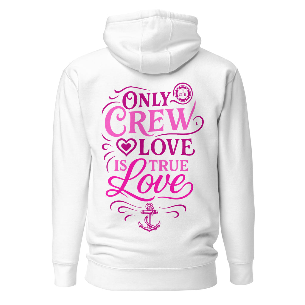 White unisex cotton hoodie with "Love" calligraphy design from 7SHORT1LONG® Crew. Premium pullover hoodie back view.