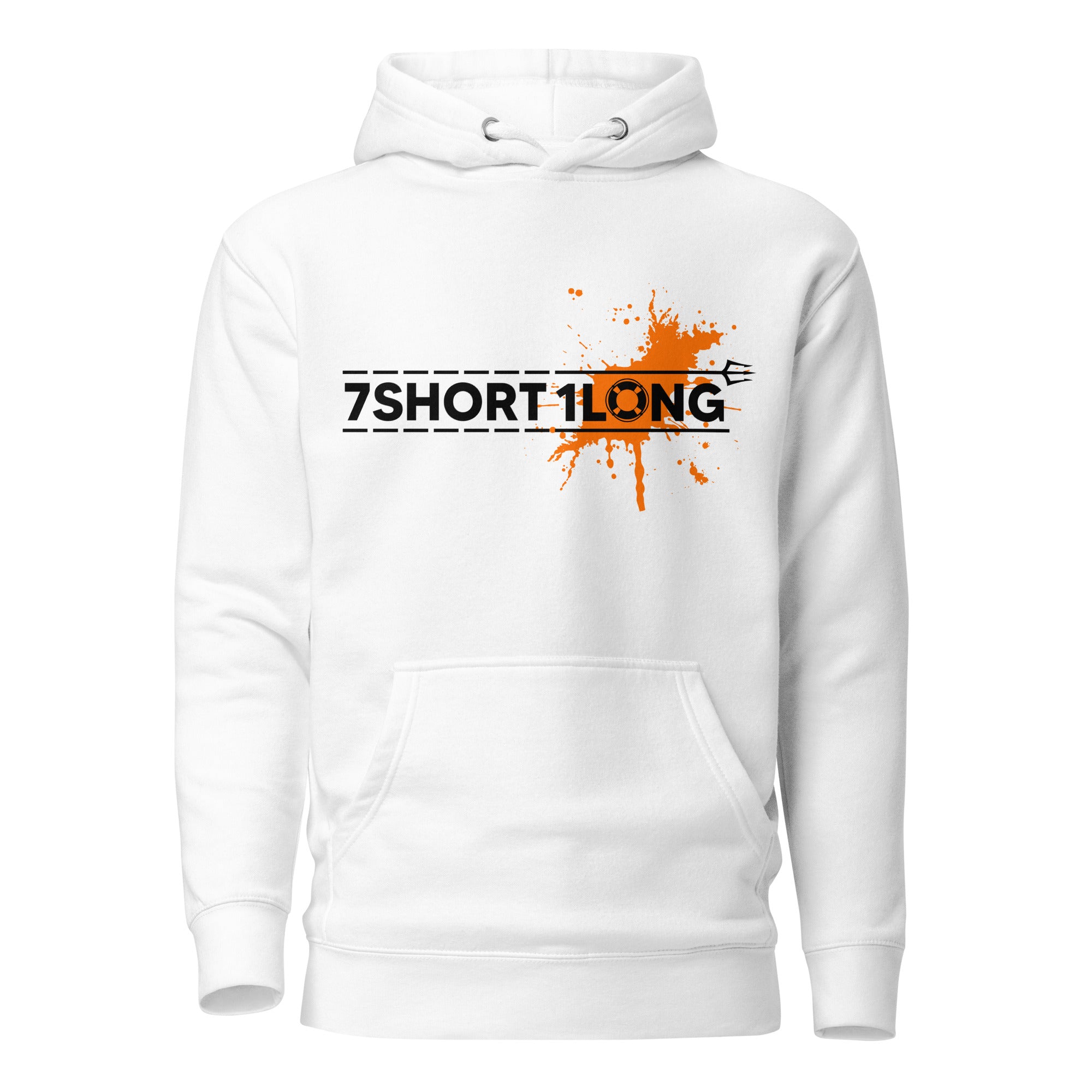 White hoodie featuring the 7Short1Long logo with a bold orange color spot accent, inspired by maritime signal colors, crew work, and seafarer identity. Main image