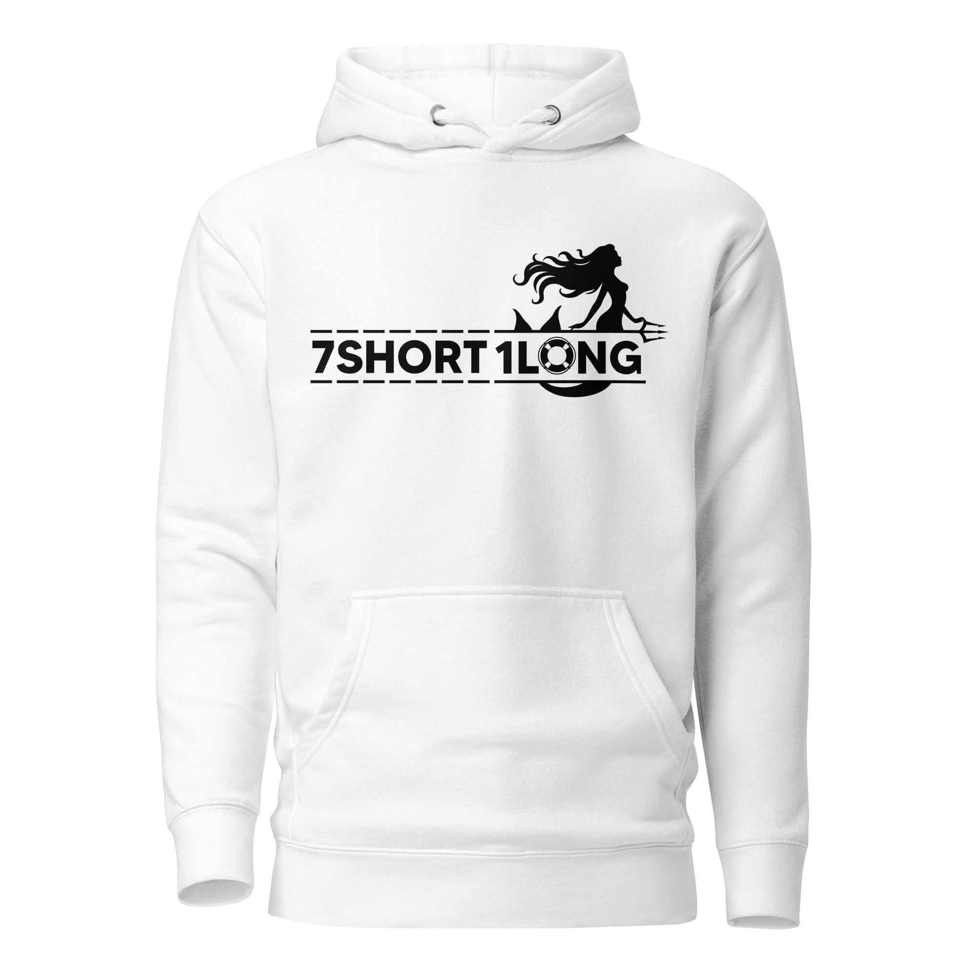 hoodie featuring a white mermaid graphic combined with the 7SHORT1LONG logo, inspired by maritime mythology, seafarer folklore, and modern crew identity. Main image