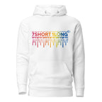 White hoodie featuring the 7Short1Long logo in a multicolor dripping design, symbolizing diversity, crew unity, and life at sea under the message One Ocean One Crew.