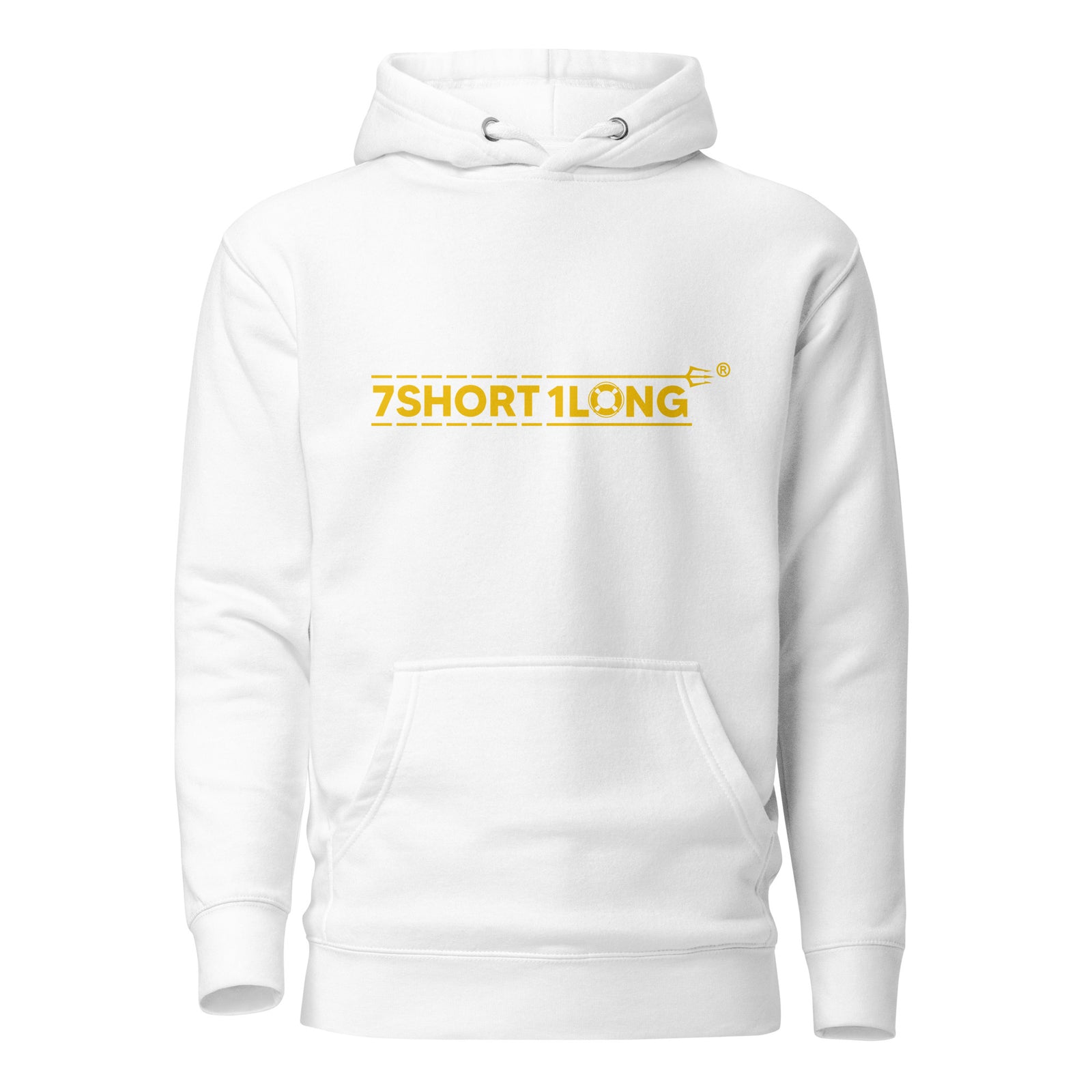 Unisex white cotton sweatshirt hoodie by 7SHORT1LONG® with US Sailor branding, front view, soft and comfortable pullover design.
