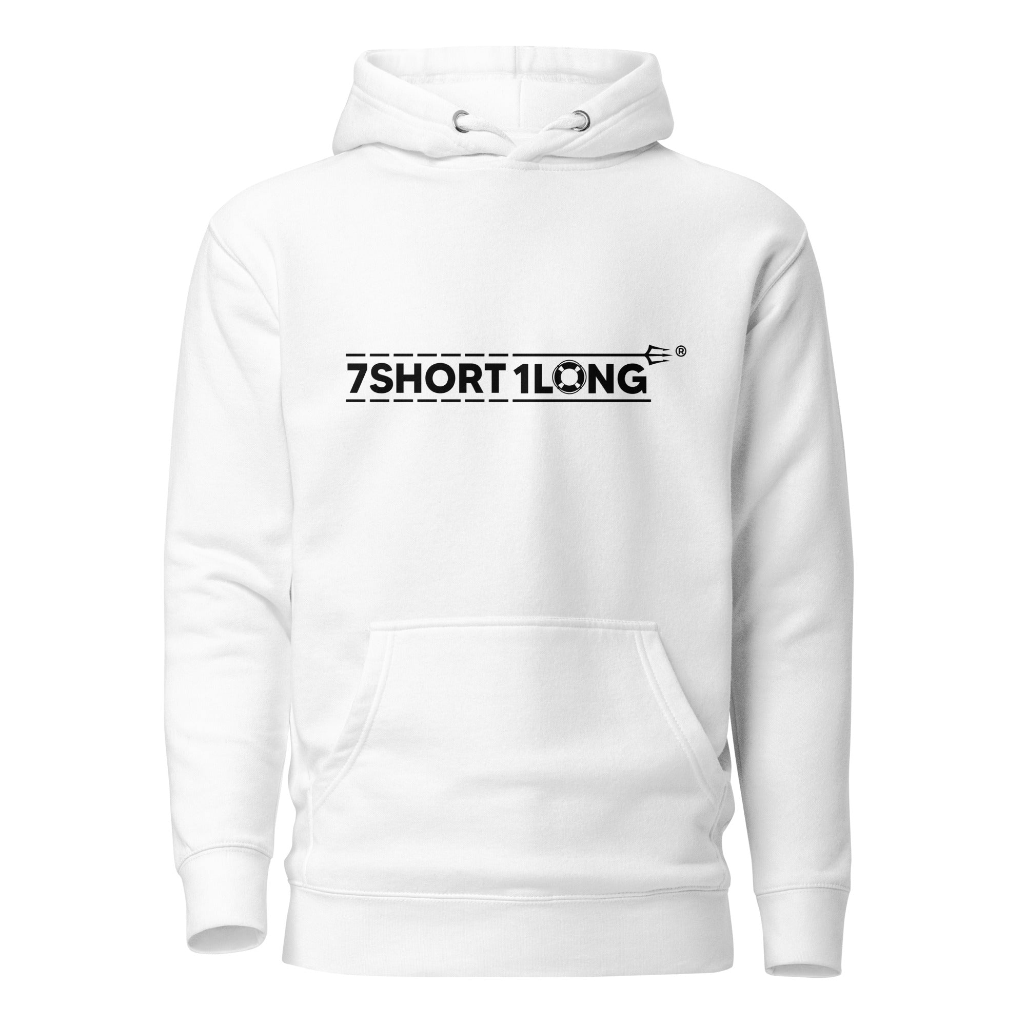 Unisex white cotton hoodie by 7SHORT1LONG® featuring a front design, casual rescue boat style, and comfortable pullover fit.