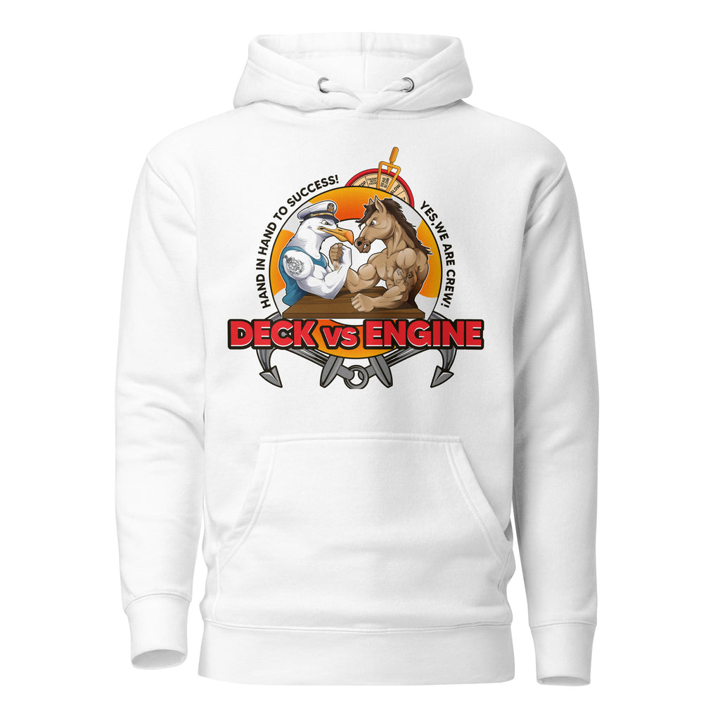 Unisex white cotton hoodie featuring "Deck vs Engine Department" design by 7SHORT1LONG® on the front.