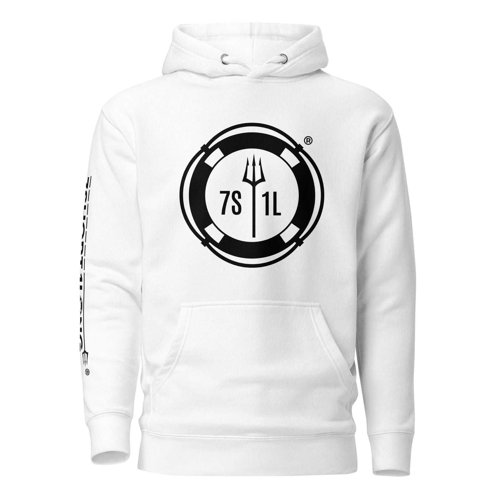 White unisex crew hoodie by 7SHORT1LONG® featuring "Sign On Sign Off" text on the front, made from premium cotton heritage fabric.
