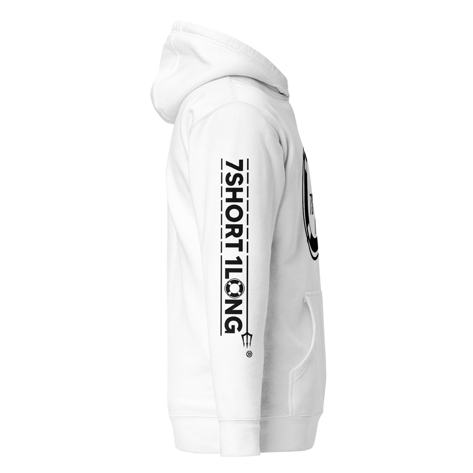 White unisex crew hoodie from 7SHORT1LONG® with "Sign On Sign Off" logo, made of premium cotton-heritage material.