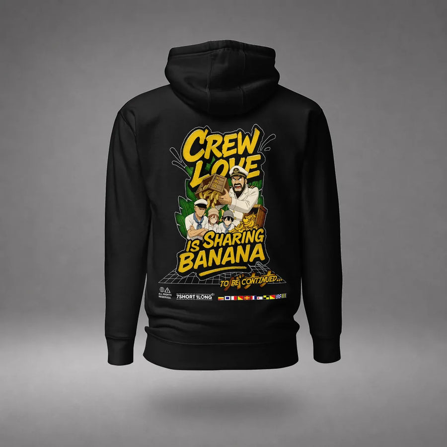 Crew Humor Hoodie: Crew Love Is Sharing Banana in Black, back view, floating over a gray studio floor.