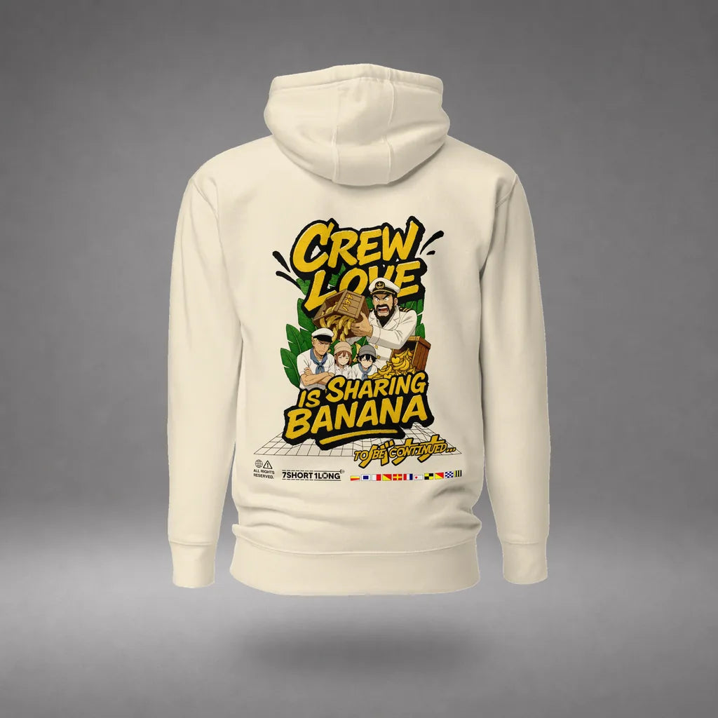 Crew Humor Hoodie: Crew Love Is Sharing Banana in Bone, featured product view, floating over a gray studio floor.