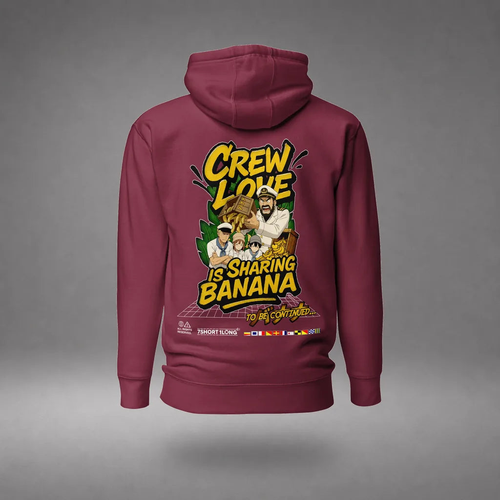 Crew Humor Hoodie: Crew Love Is Sharing Banana in Maroon, back view, floating over a gray studio floor.