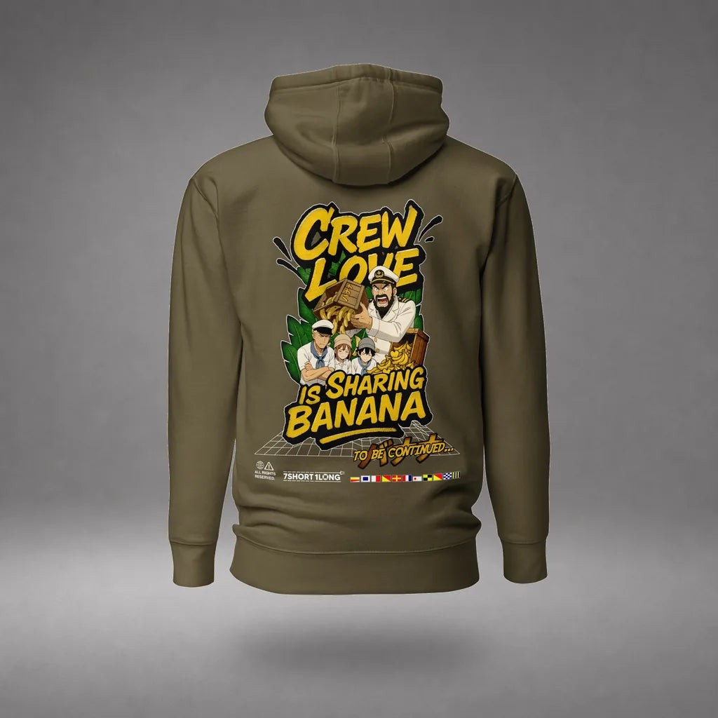 Crew Humor Hoodie: Crew Love Is Sharing Banana in Military Green, back view, floating over a gray studio floor.