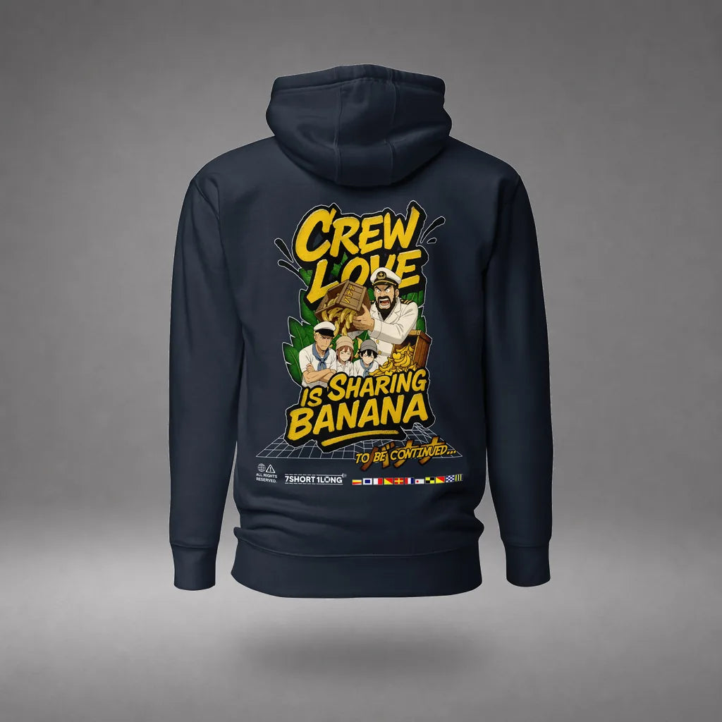 Crew Humor Hoodie: Crew Love Is Sharing Banana in Navy Blazer, back view, floating over a gray studio floor.