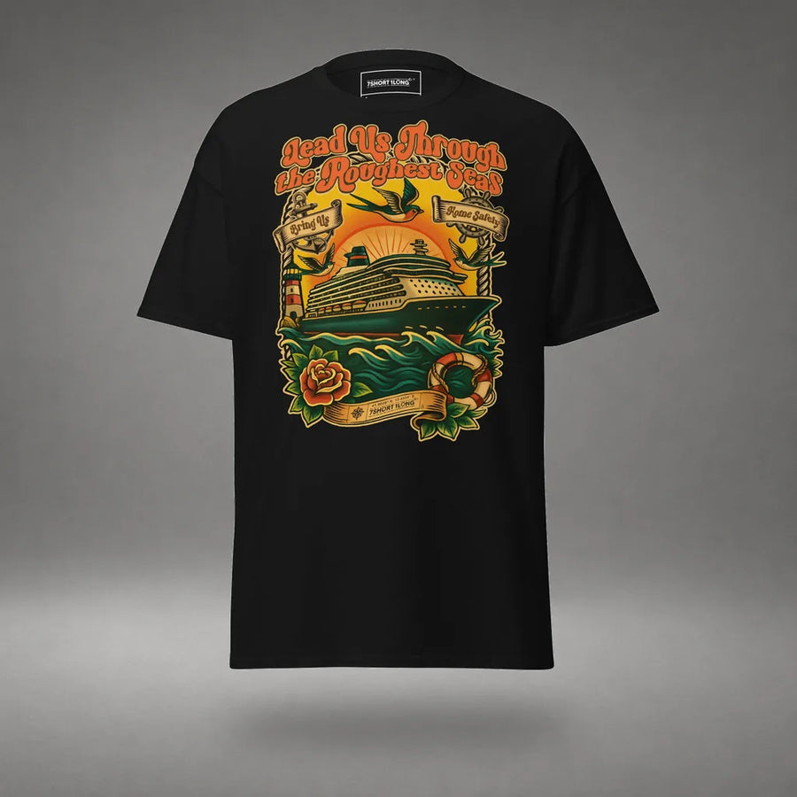 Cruise Ship Seafarer Tattoo T-Shirt in Black, featured product view, floating over a gray studio floor.