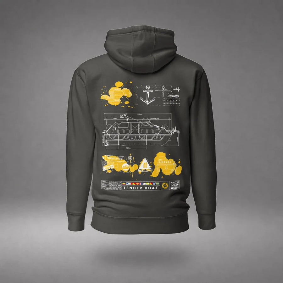 Cruise Ship Tender Hoodie in Vintage Black, back view, floating over a gray studio floor.
