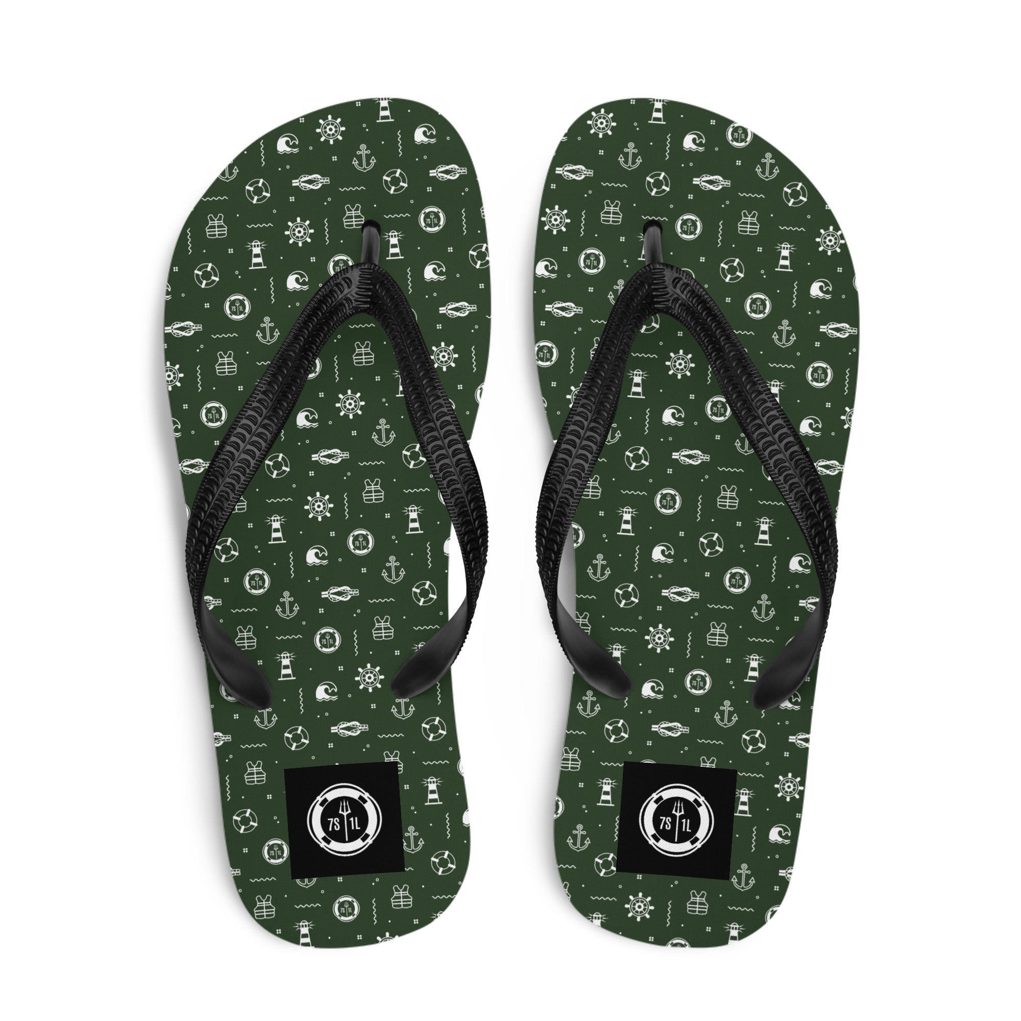 Green flip-flops with nautical pattern and black straps on a white background Main image