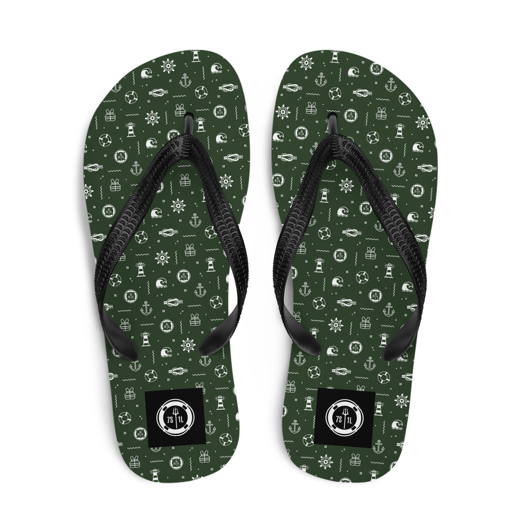 Green Coastal Marine flip flops by 7SHORT1LONG® featuring cruise ship and ocean lifestyle design, perfect for beachwear.