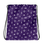 Purple drawstring bag with white maritime pattern on a white background