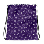 Purple drawstring bag with white maritime pattern on a white background
