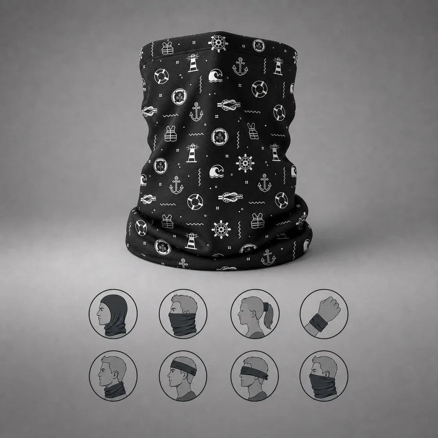 Black deck hand neck gaiter with white maritime symbol pattern, upright front view with eight wearing-style icons.