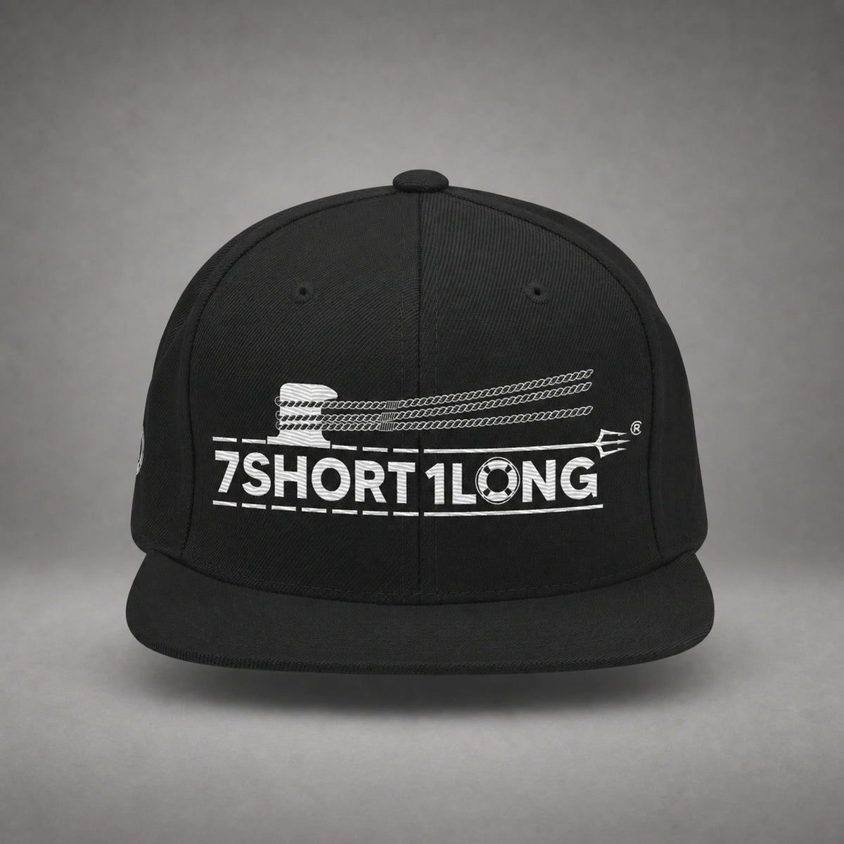 Black Deck Hand rope and signal snapback cap shown from the front in a gray floating studio.
