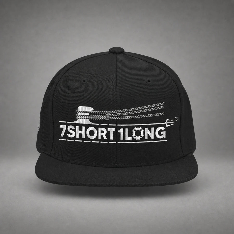 Black Deck Hand rope and signal snapback cap shown from the front in a gray floating studio.