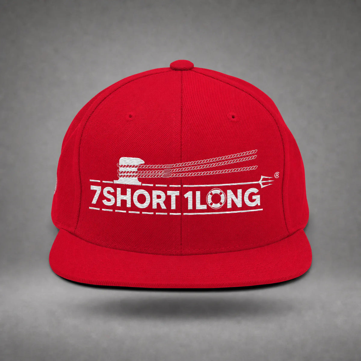 Red Deck Hand rope and signal snapback cap shown from the front in a gray floating studio.