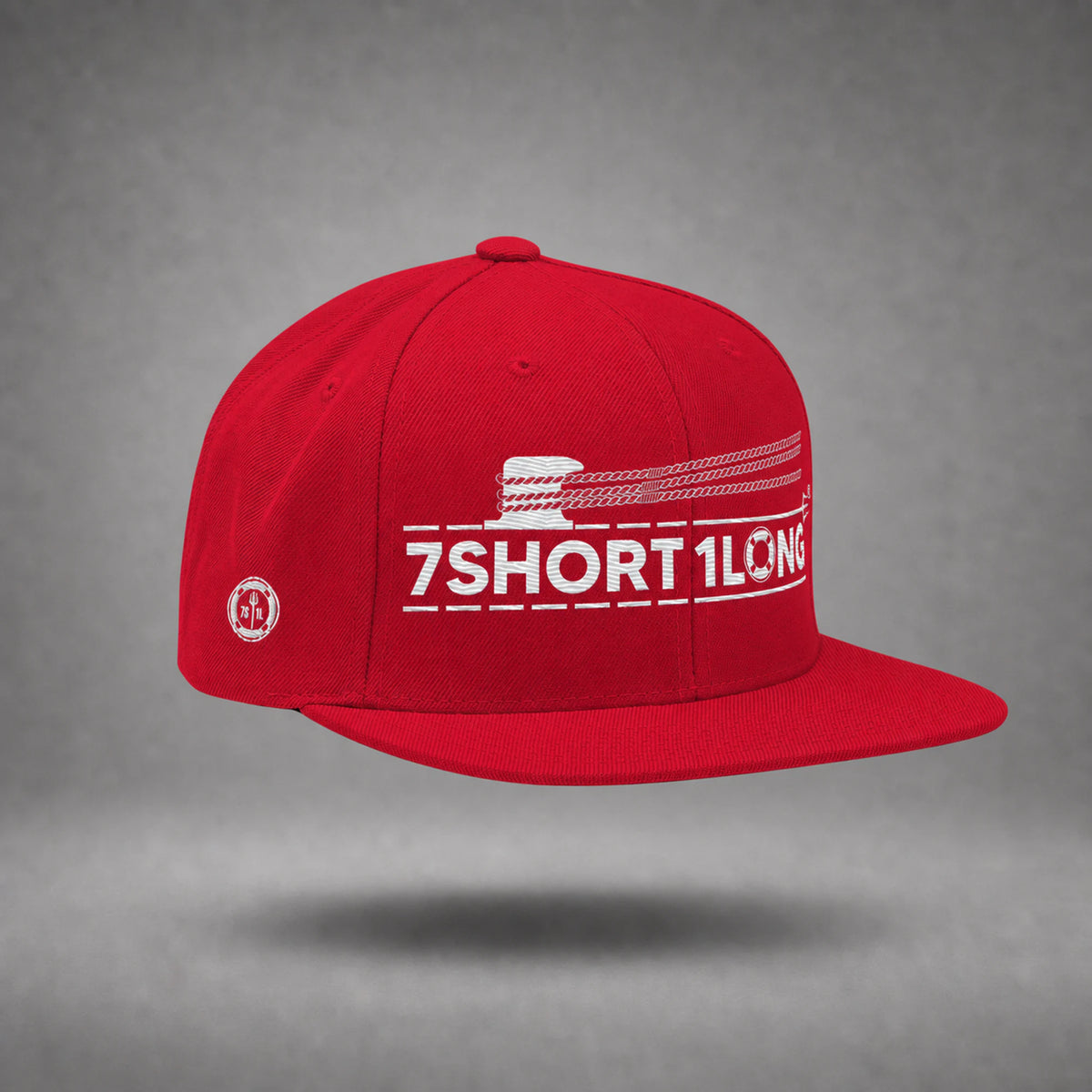 Red Deck Hand rope and signal snapback cap shown from the left side in a gray floating studio.