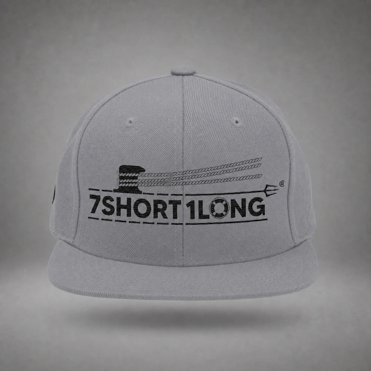 Silver Deck Hand rope and signal snapback cap shown from the front in a gray floating studio.