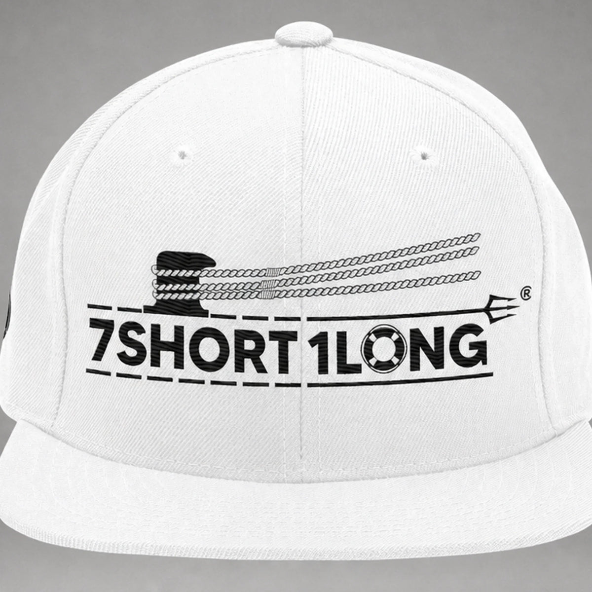 Close view of the Deck Hand rope and signal embroidery on a white snapback cap.