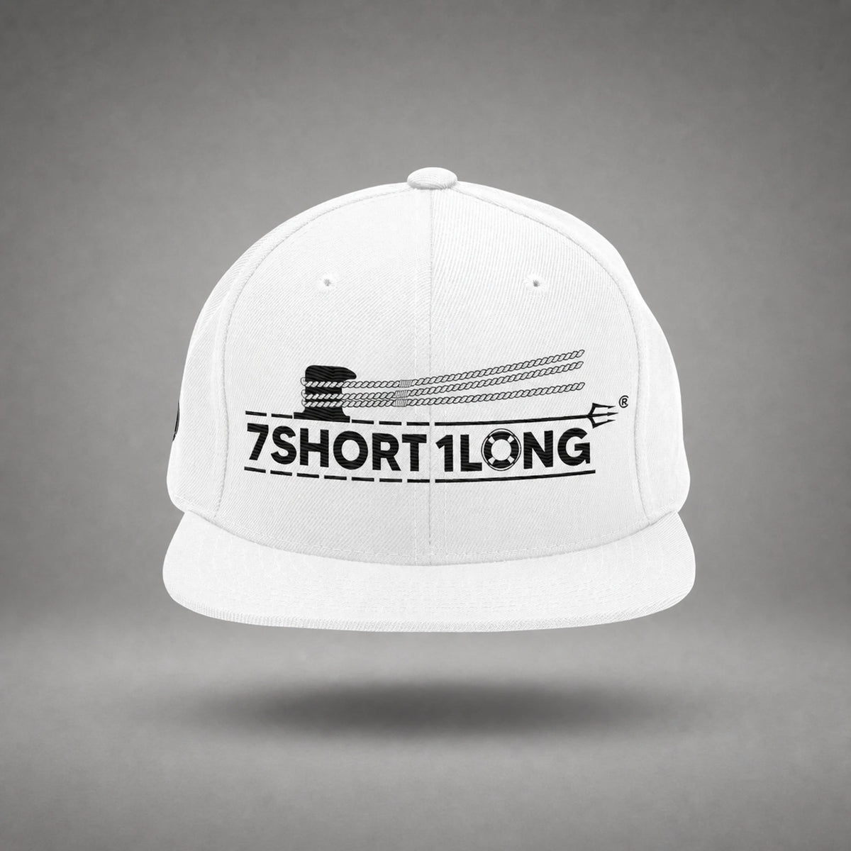 White Deck Hand rope and signal snapback cap shown from the front in a gray floating studio.