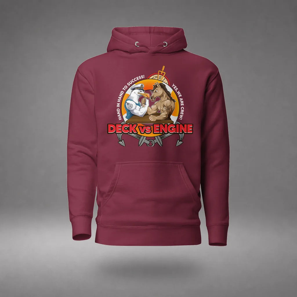 Deck vs Engine Department Hoodie in Maroon, front view, floating over a gray studio floor.