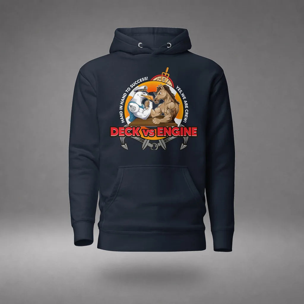 Deck vs Engine Department Hoodie in Navy Blazer, front view, floating over a gray studio floor.
