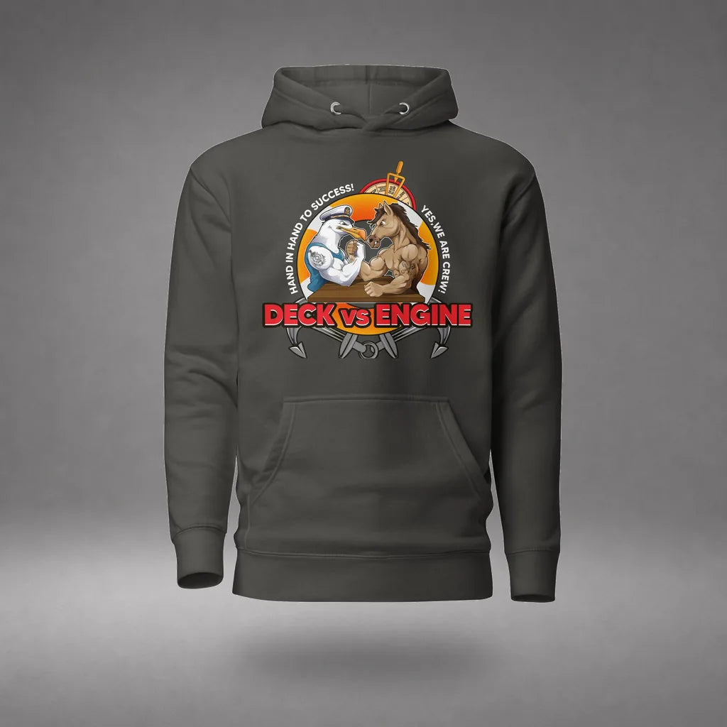 Deck vs Engine Department Hoodie in Vintage Black, featured product view, floating over a gray studio floor.