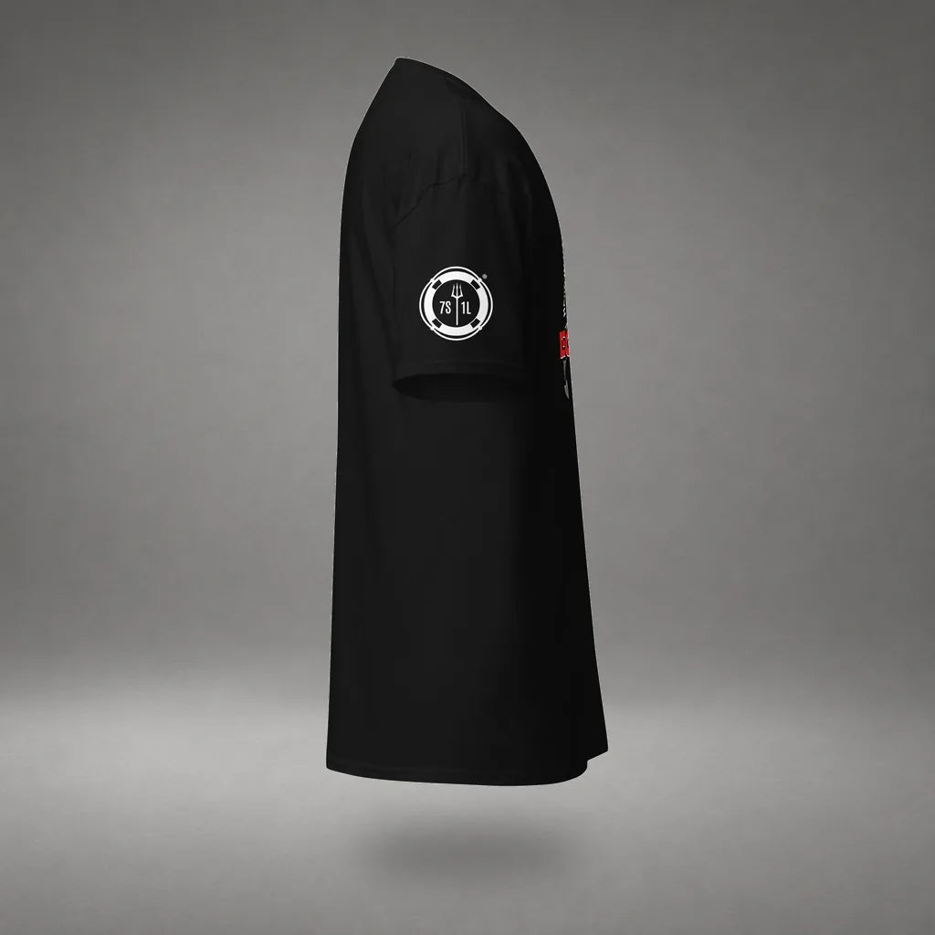 Deck Vs Engine Department T-Shirt in Black, right side view, floating over a gray studio floor.