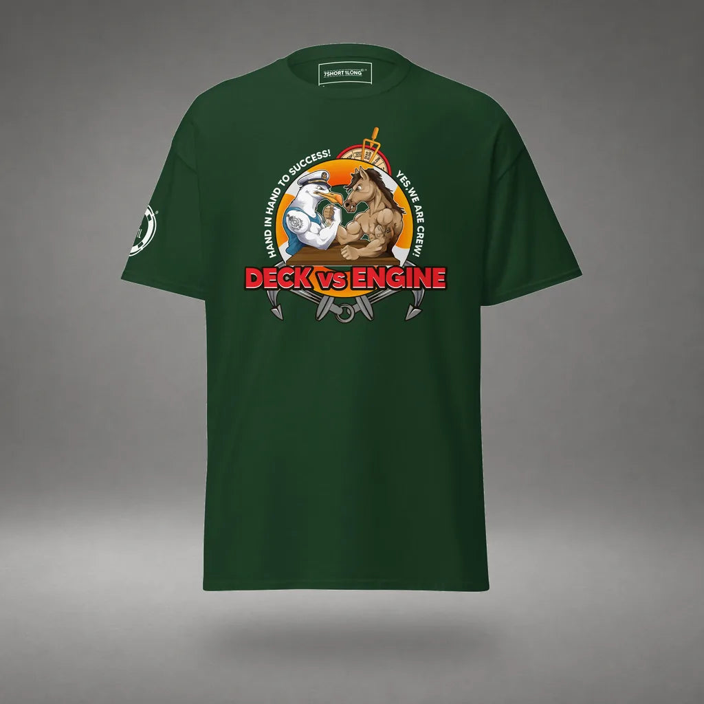 Deck Vs Engine Department T-Shirt in Forest Green, featured product view, floating over a gray studio floor.