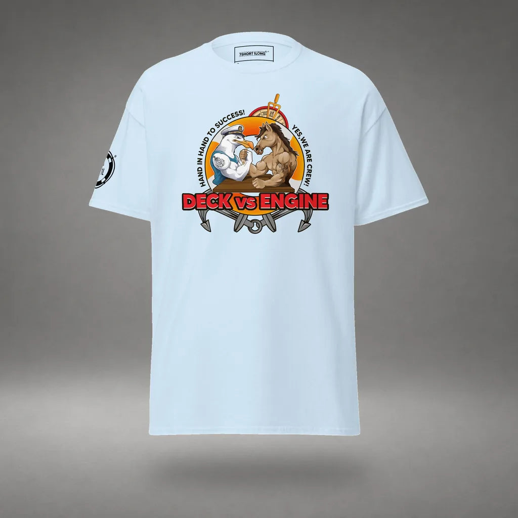 Deck Vs Engine Department T-Shirt in Light Blue, front view, floating over a gray studio floor.