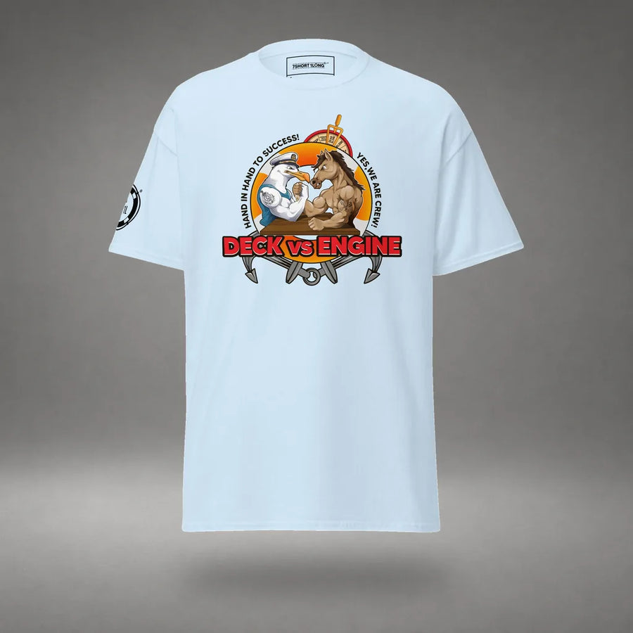 Deck Vs Engine Department T-Shirt in Light Blue, front view, floating over a gray studio floor.