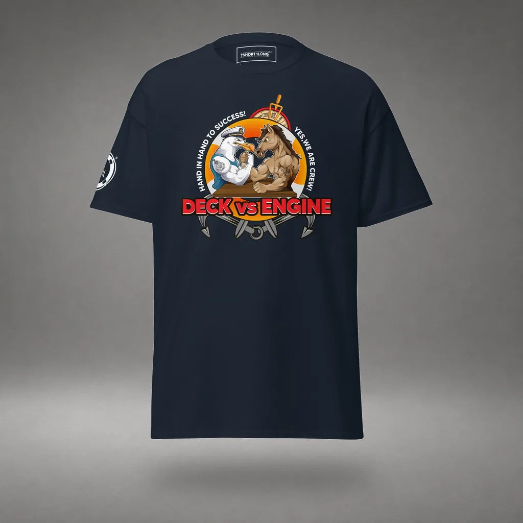 Deck Vs Engine Department T-Shirt in Navy, featured product view, floating over a gray studio floor.